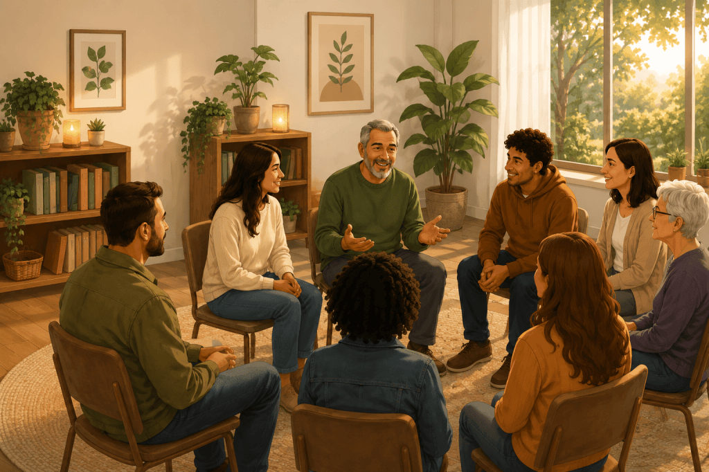 Personas reunidas en un grupo de apoyo compartiendo experiencias en un ambiente de respeto y acompañamiento.