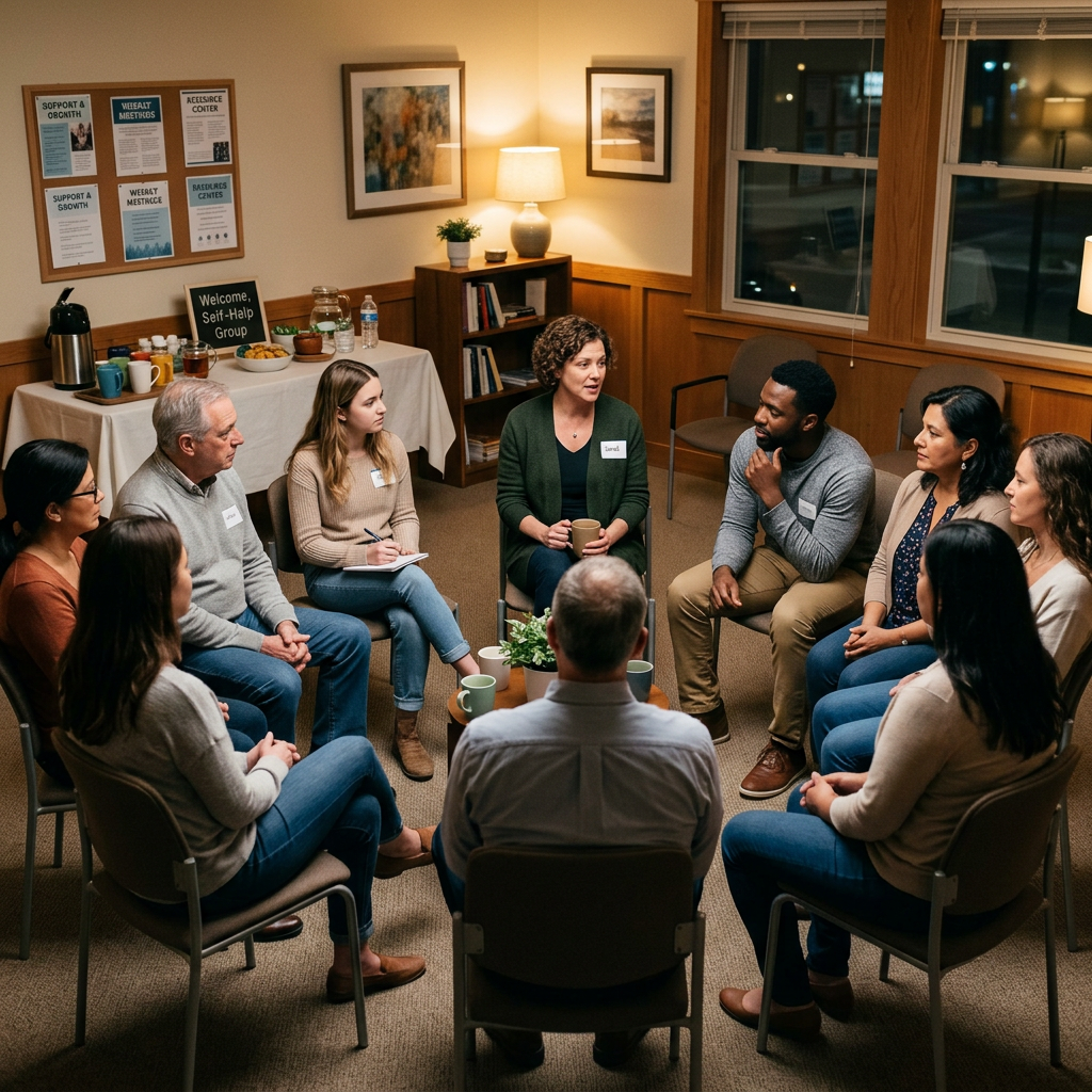 Adults seated in a circle during a supportive self-help group discussion